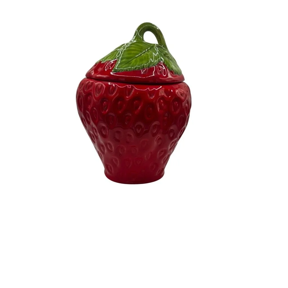 Vintage Style Red Strawberry Ceramic Cookie Jar Kitchen Canister with Lid